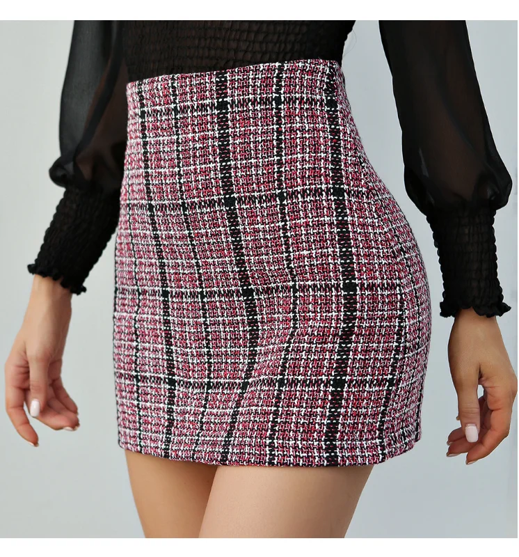 Fall Winter Plaid Wool Skirt Womens New  Thick Woolen Glitter Tweed Mini Skirt Saia Feminina