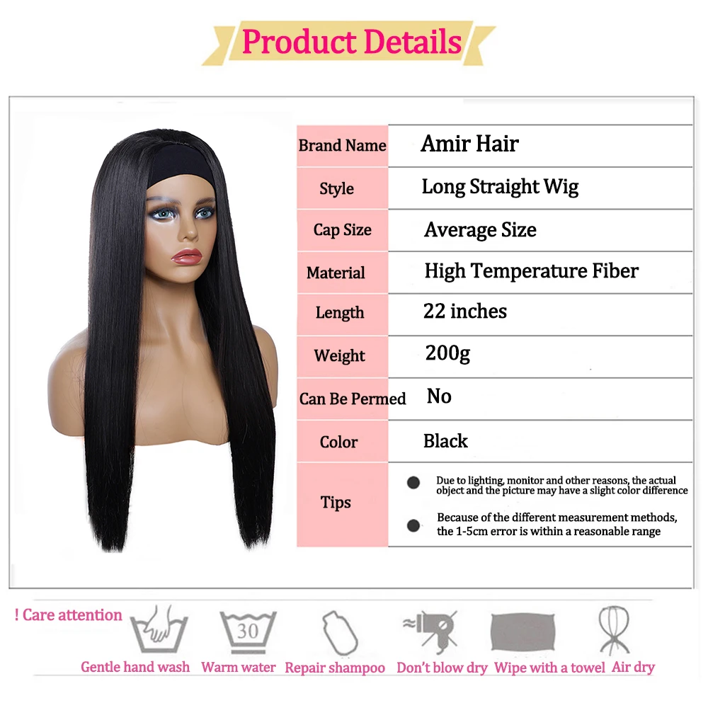 

Long Straight Headband Wigs Black Soft Synthetic Hair Wigs For Women Heat Resistant Daily Wig