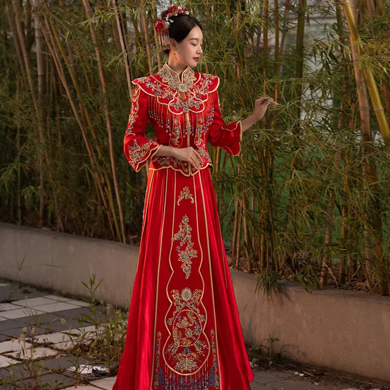 Exquisite Beading Embroidery Tassel Chinese Traditional Cheongsam Couple Wedding Suit Elegant Bride Marry Dress китайская одежда