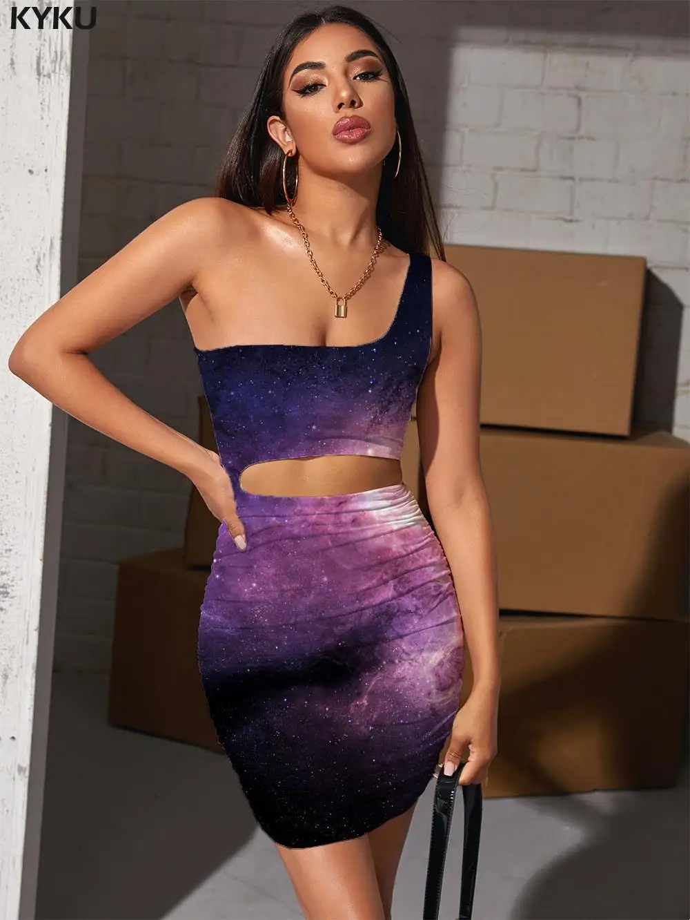 KYKU Galaxy Dress Women Nebula Hollow out Dresses Universe Halter Sleeveless Womens Clothing Party Vintage Beach Femme