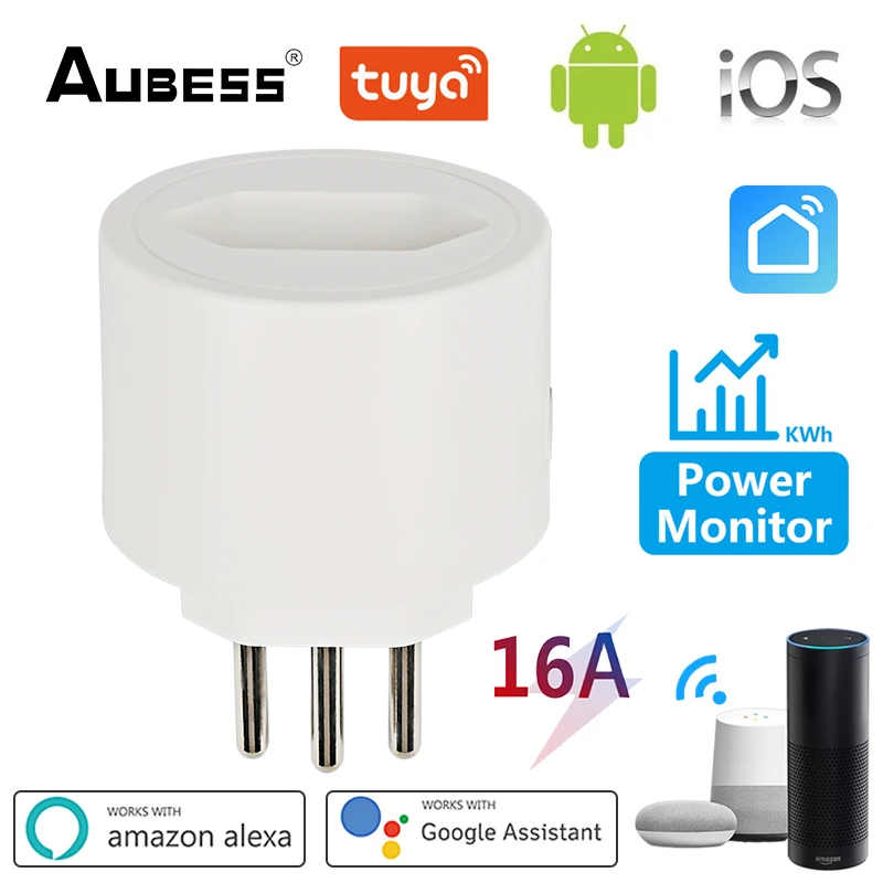 

Aubess WiFi Smart Plug 16A Brazil Power Socket Outlet Tuya APP Smart Home For Alexa Google Assistant Voice Control Power Monitor