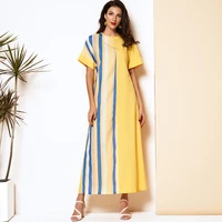new summer maxi dress women 2022 yellow colorful vertical striped pocket o neck short sleeve loose casual vintange holiday robes