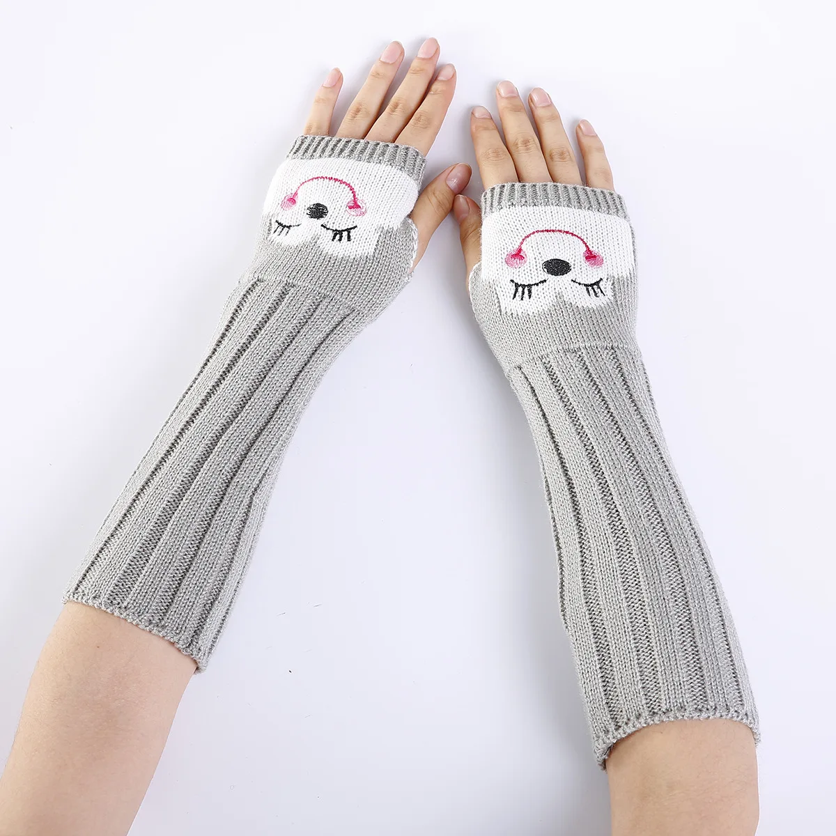 

Autumn Winter Women's Cute Knitted Half-finger Arm Sleeves New Embroidered Smiley Monkey Wool Warm Fingerless Gloves