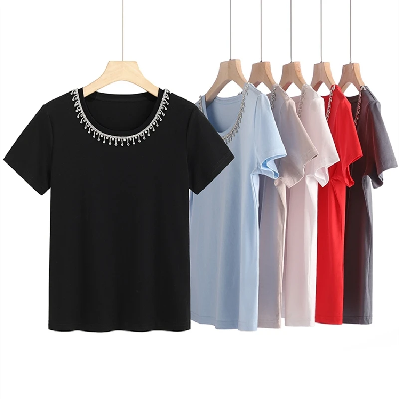 

100% Cotton Brand Fashion Women High Luxury Summer Casual O Neck Beaded Diamond Tassel Short Sleeve T-Shirt Tees Top