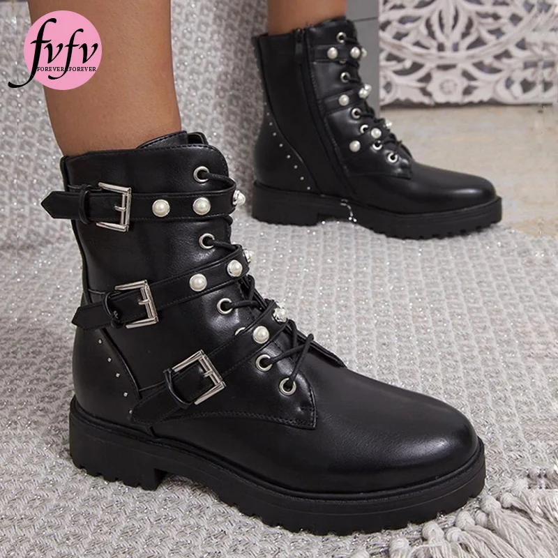 

[FVFV] Ankle boots Women's autumn boots 2020 New Pearl Buckle Women Ankle Pearl ZIP Boots Studed Women Ankle Boots