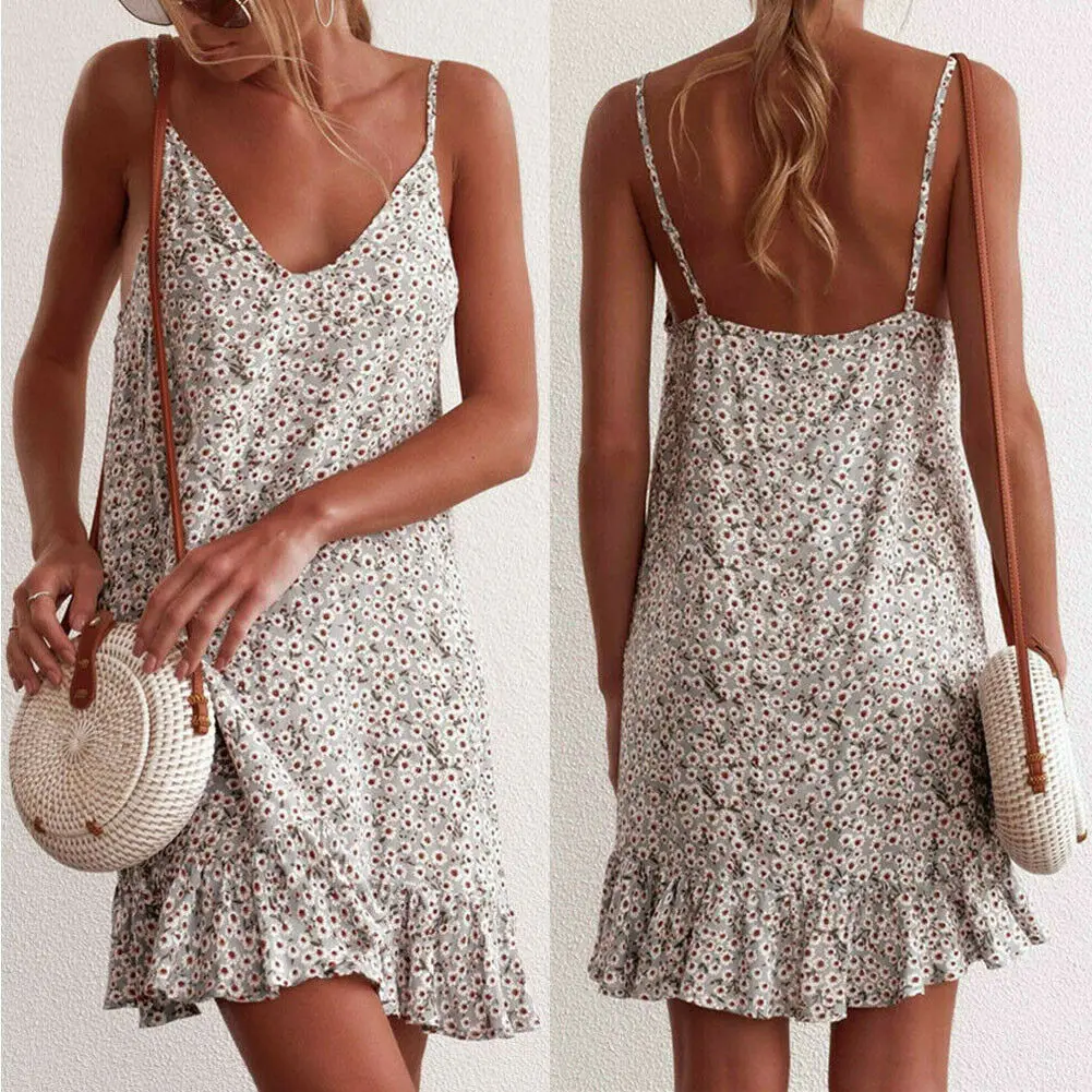

2020 летнее модное женское пляжное мини-платье, элегантное винтажное платье с цветочным рисунком, повседневное мини-платье без рукавов в стил...