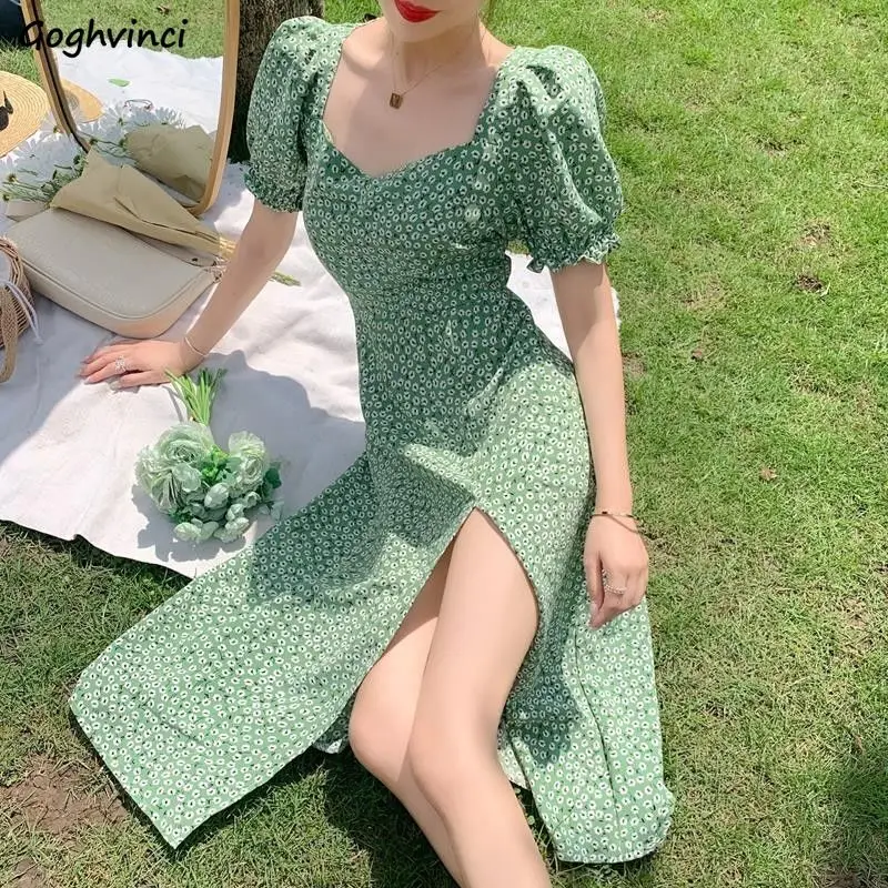 

Women Dress Green Floral Side-slit French Elegant Designer Short Puff Sleeve Fresh Lovely Girls Summer Slim Stylish Females Hot