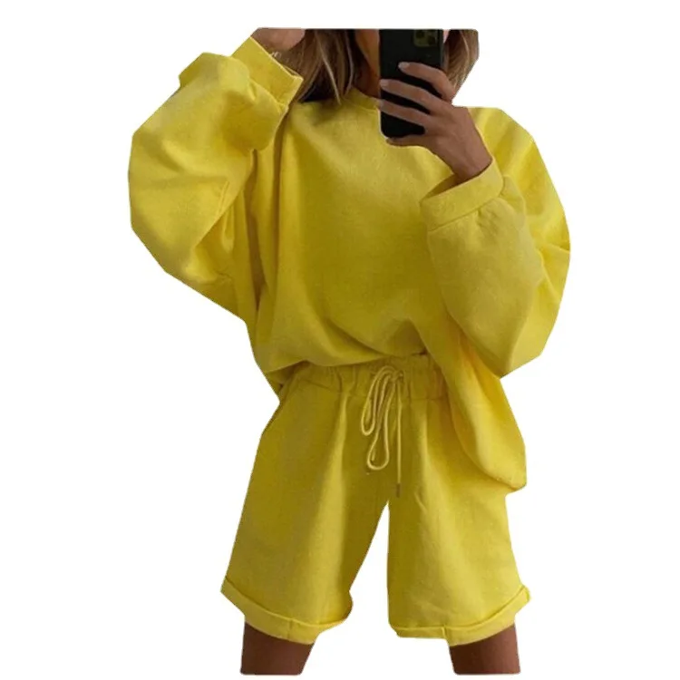 

2021Women's Solid Color Long-sleeved Casual Round Neck Loose Sweater Lace-up Shorts Two-piece Suit