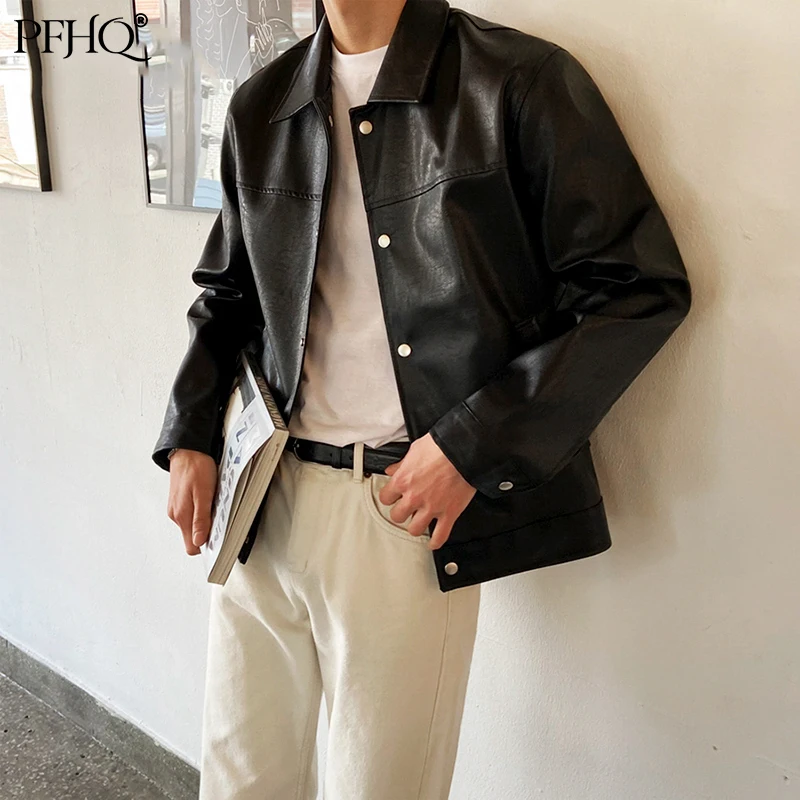 

PFHQ Men Clothing Single Breasted PU Leather Jacket Korean Fashion Casual Autumn 2021 Vintage High Quality Black Coat 21D8798