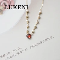 red garnet pendant necklace gold chain white freshwater pearls temperament women necklace dress decoration fashion jewelry gift