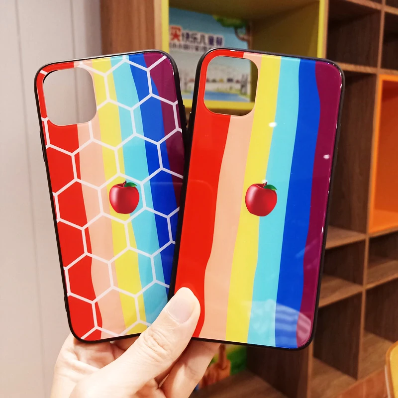 New Geometry Rainbow Tempered Glass Case for iPhone 12/11 ProMax XR XS Max Hard Capa 8 7 Plus Gradient Cover Hoesjes |