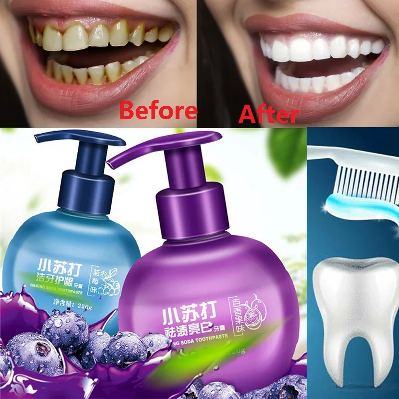 

Baking Soda Toothpaste Intense Stain Remover Whitening Anti Bleeding Gums for Brushing Teeth Passion Fruit Blueberry Flavor 220g