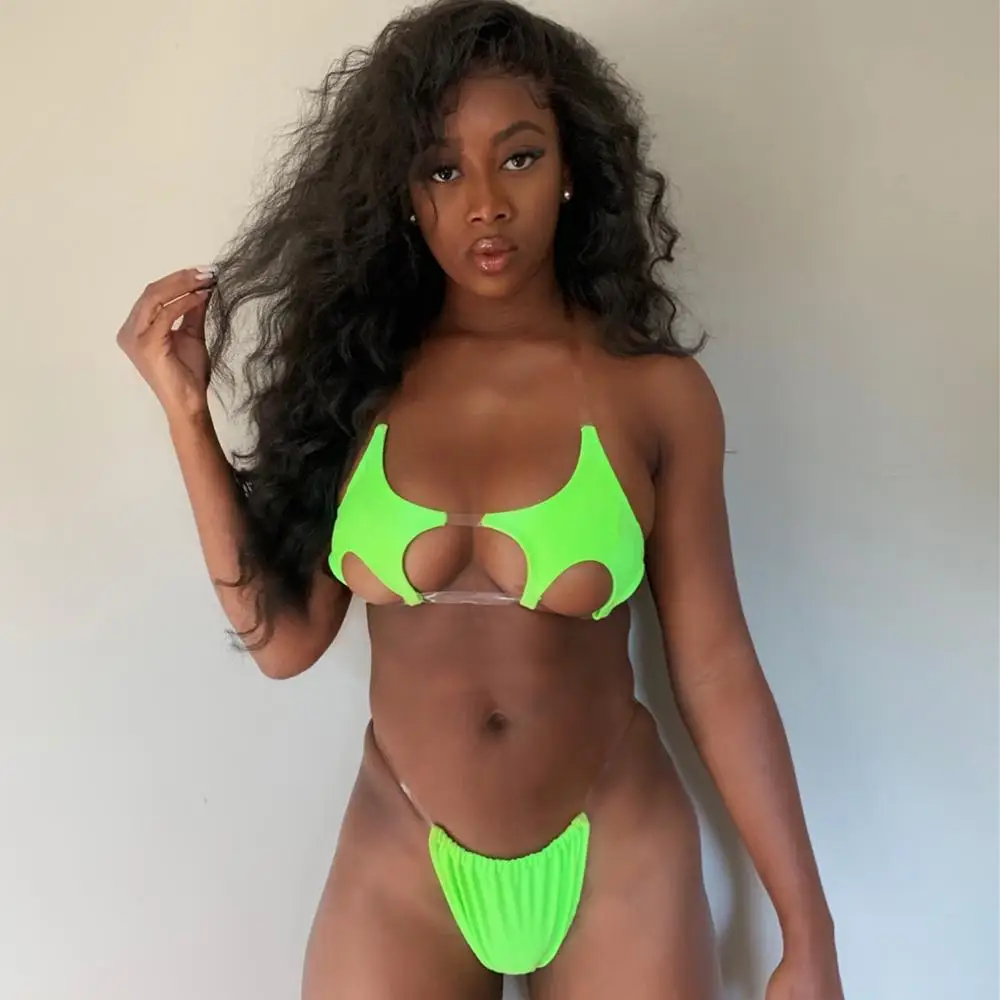 Бикини с прозрачными бретельками 2019 прозрачный купальник неоновый зеленый