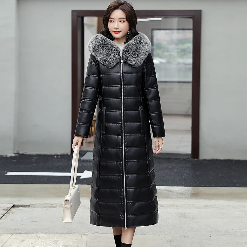 New Women Sheepskin Down Coat Autumn Winter 2022 Elegant Fashion Warm Fox Fur Collar Slim Thick Long Leather Down Overcoat