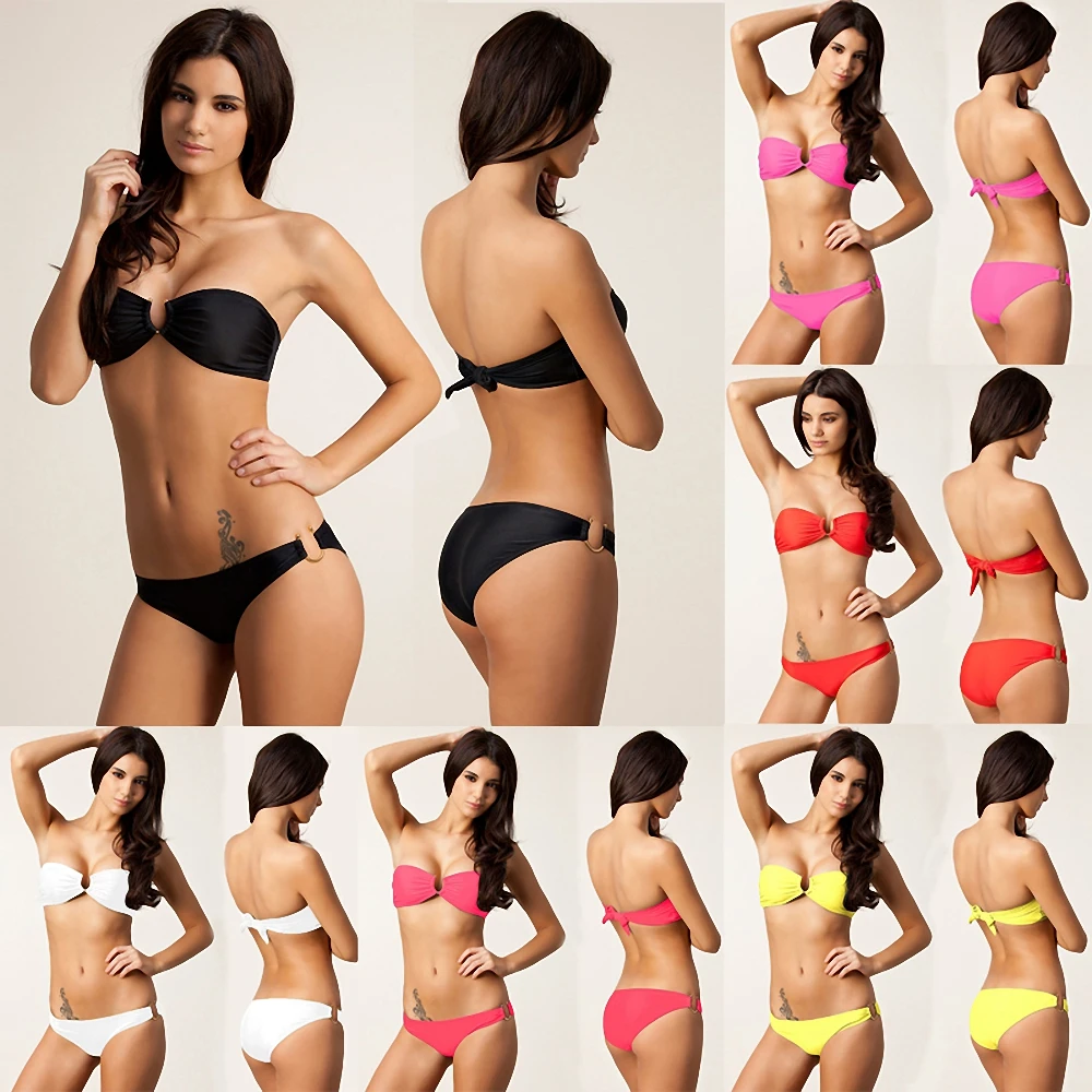 

Metal Ring Multicolor Bikini Bandeau Swimsuit Vintage Bikini Set Fully Lined Swimsuit Metal Plate Bottom Push Up Bikini Set