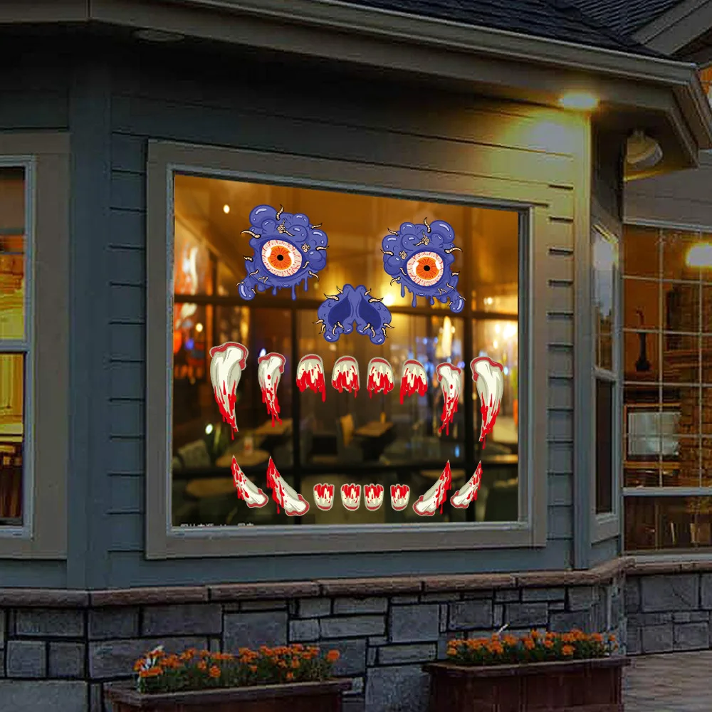 

2021 New Waterproof Wall Sticker Halloween Monster Door Sticker Horror Eyes Fangs Paw Party Holiday Decoration PVC Wall Sticker