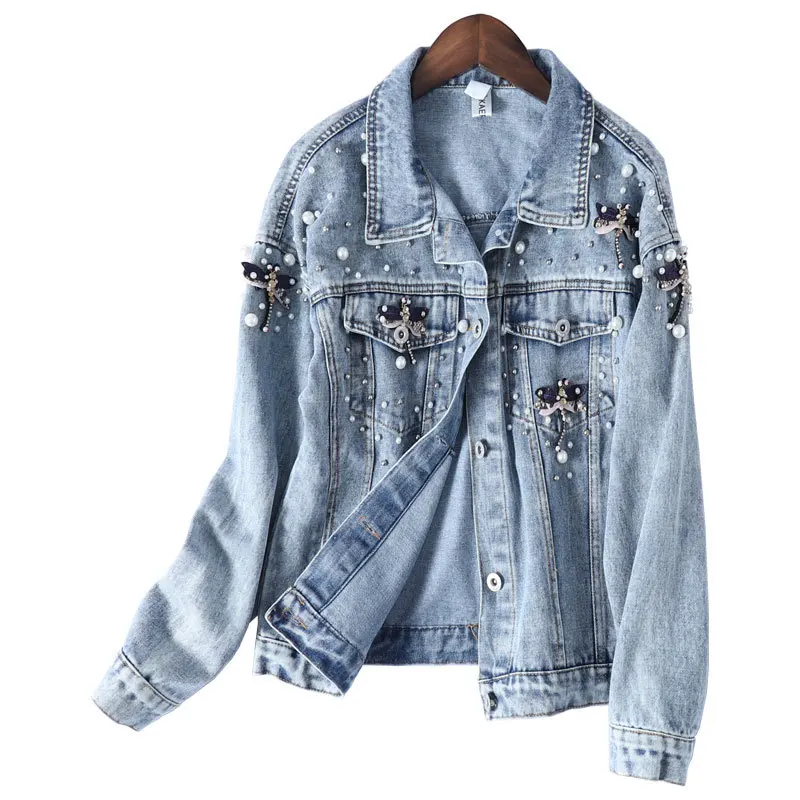

Plus size Denim Jacket Women New Autumn Women's Jean Jackets Pearl Beading Denim Jacket 2020 Women Coat Long Sleeve Outerwear