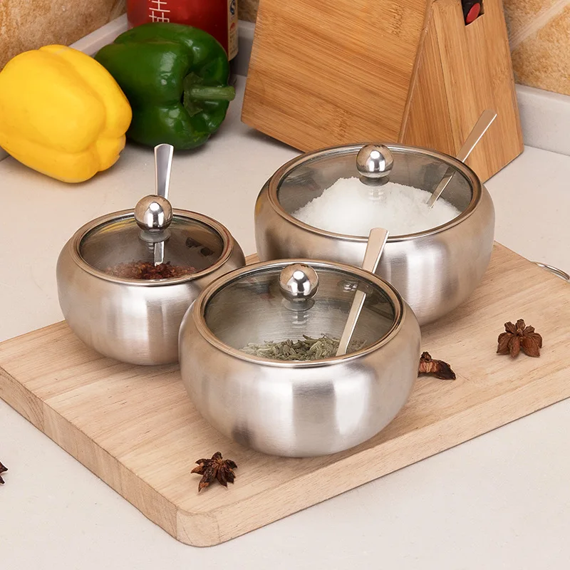 

Seasoning Box Stainless Steel Large Sugar Bowl with Glass Kitchen Clear Lid and Spoon Cereal Dispenser Items Container Storage