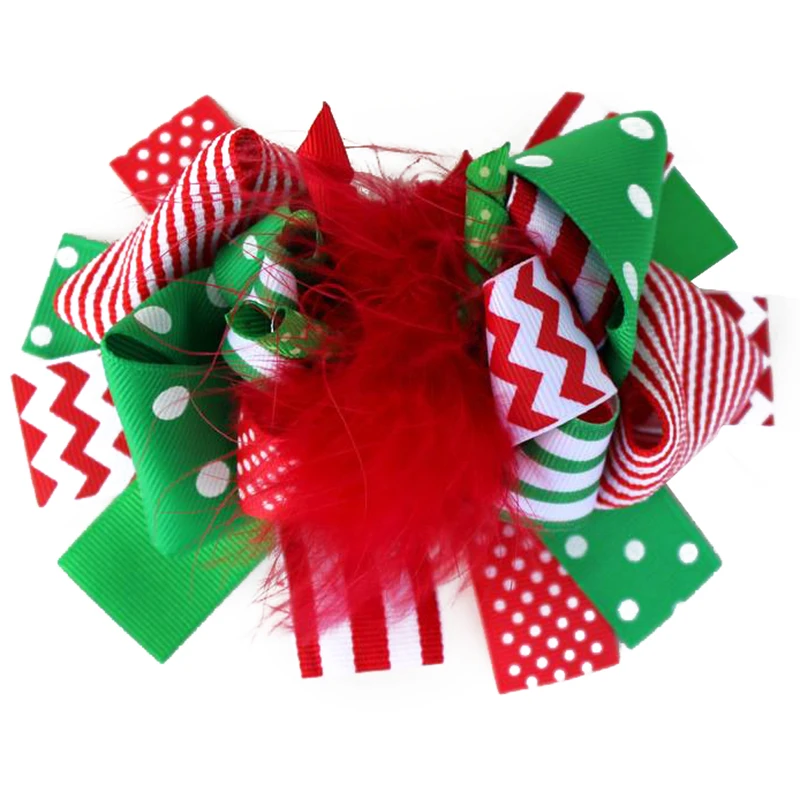 5 дюймов рождественские банты для волос ручной работы в полоску и горошек Печать