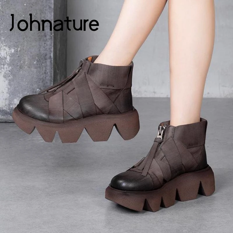 

Johnature Winter 2022 New Women Boots Genuine Leather Platform Women Shoes Zip Round Toe Handmade Retro Ankle Ladies Boots