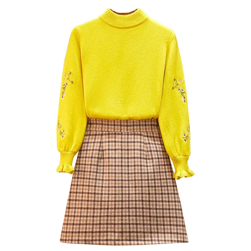 

Autumn Spring Women Girl Pullover Sweater Joker Embroidered Sleeve Knitted Woolen Cloth Lattice Skirt Two-Piece Outfit Knitwear