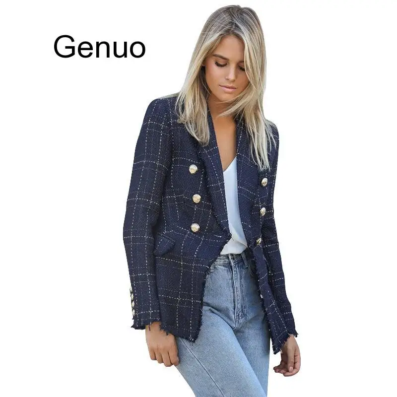 

2020 New Women Vintage Blazer Tweed Plaid Soft Wool Office Jacket Coat Double Breasted Tassel Suit Spring Autumn Lady Outerwear