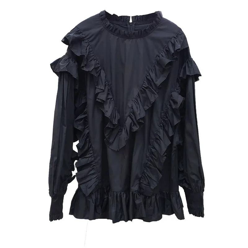 

SuperAen 2021 Autumn and Winter White Black Lantern Sleeve Loose Shirt Woman Ruffles Peter Pan Collar Top Shirts