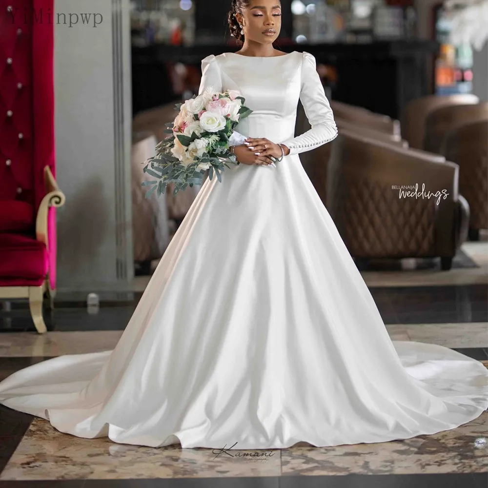 

YiMinpwp Satin Wedding Dresses Boat Neck Long Sleeve Sweep Train Covered Button Chapel Bridal Gowns robes de mariee