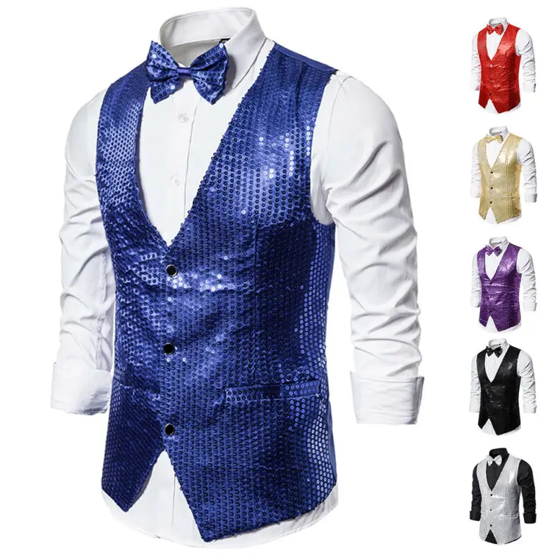Drop shipping Fashion Men Shiny Sequin Glitter Embellished Classy Nightclub Party Suits Vests Homme Stage For Singers Perfomers | Мужская