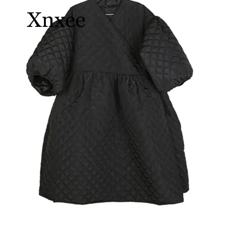 New Oversize Winter Coat dress Women Vintage Puff Sleeve Plaid Wrap Parka Europe Black Cotton Jacket Autumn Overcoat Streetwear