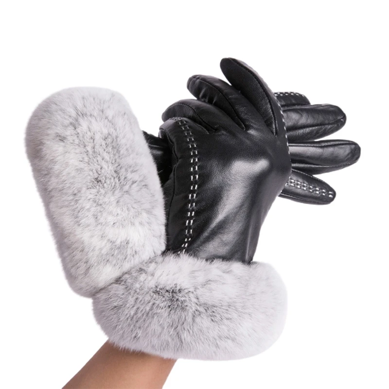 

Women Winter Artificial Leather Touch Screen Gloves Cute Furry Wrist Thicken Plush Lining Warm Texting Driving Mittens