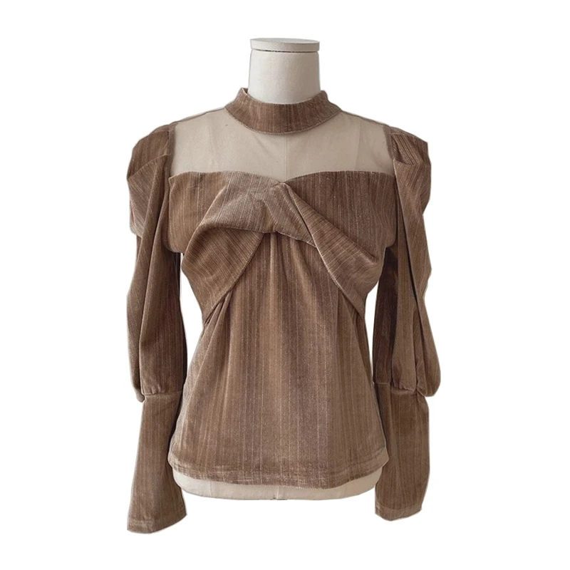 

PERHAPS U женская блузка с пышными рукавами и воротником-стойкой с длинным рукавом бархатная верблюжья черная однотонная элегантная шикарная ...