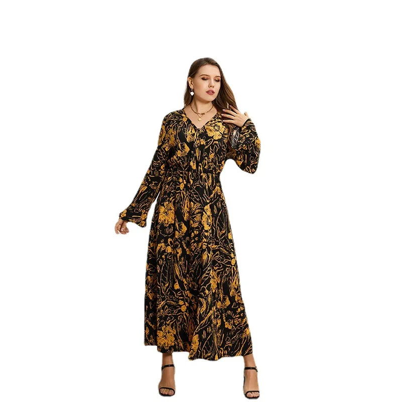 

2021 female temperament long-sleeved plus size women's retro printed mid-length loose thin color oversized casual V-neck dress