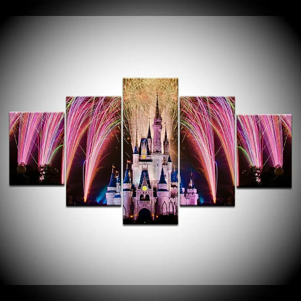 

Castle Fireworks Kid Children 5 Panel Canvas Picture Print Wall Art Canvas Painting Wall Decor for Living Room Poster No Framed