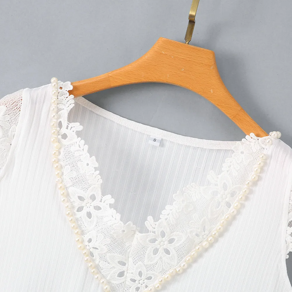 

IZALEWIS Sexy Women Pearl V-Neck Lace Sleeve Spliced Chiffon Pullover Clubwear Streetwear CN(Origin) Short Solid Top 2021