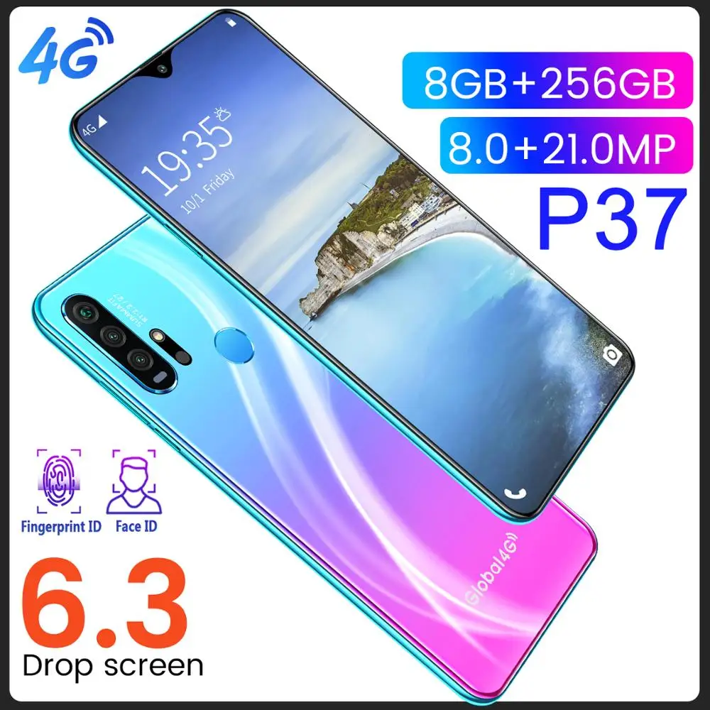 Разблокированный смартфон 4G сотовый телефон P37 Max полноэкранный 10 ядер 256 ГБ Android 9