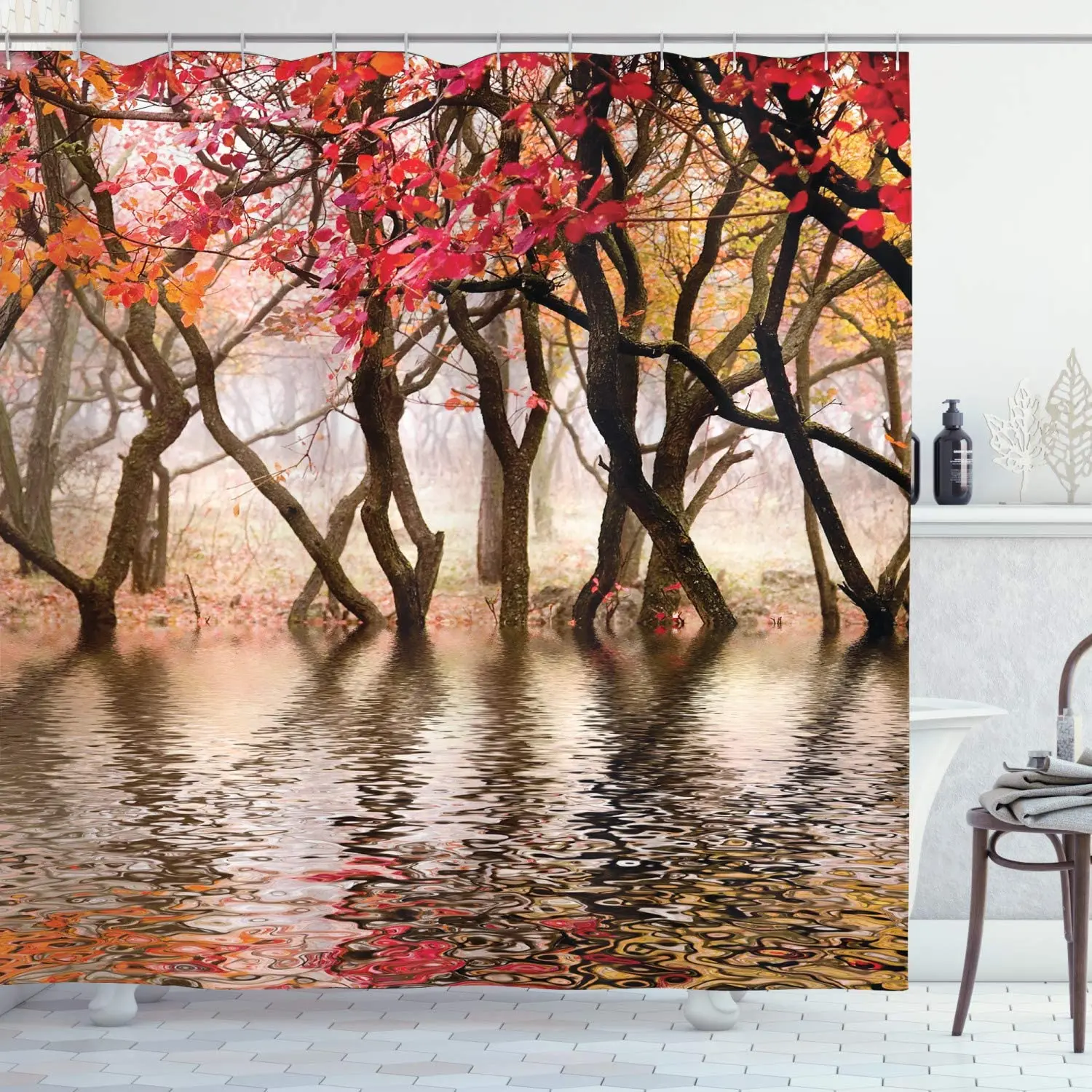 

Woodland Scenic Forest Shower Curtain Decor Fall Foliage Reflection on Pond Colorful Trees and Leaves a Lake Landscape Bathroom