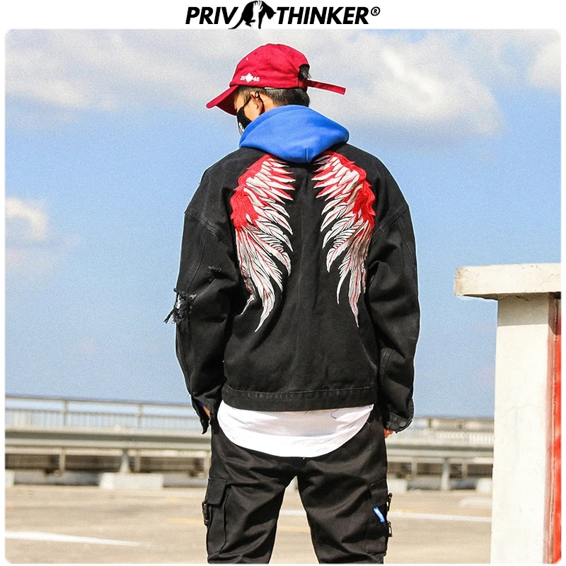 Мужская джинсовая куртка Privathinker Wings черная винтажная с вышивкой на осень и зиму