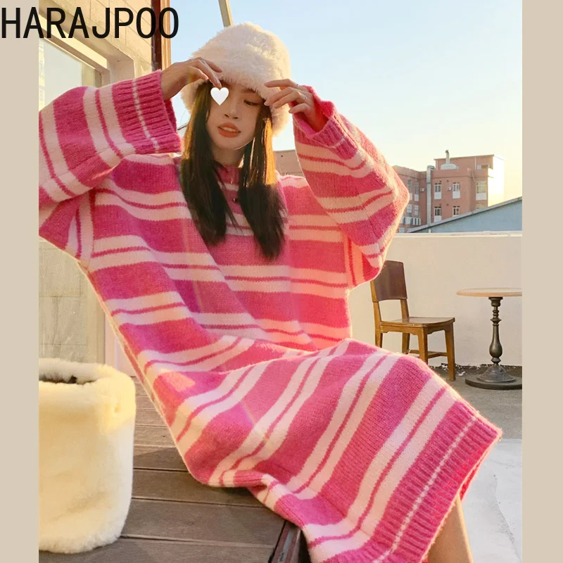 

Harajpoo Vestidos Ladies Pink Striped Sweater Autumn Winter 2021 New Knit Korean Streetwear Fashion Loose O Neck Midi Dresses