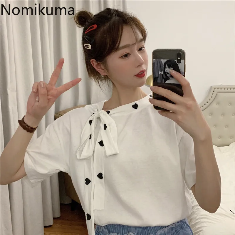 Женские футболки с коротким рукавом Nomikuma корейские вышитым сердечком галстуком