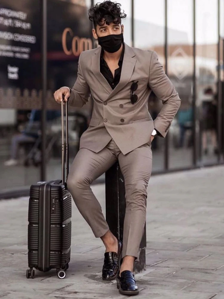 

2021 Brown Double Breasted Casual Fit Wedding Groom Men Suits Costume Homme Mariage