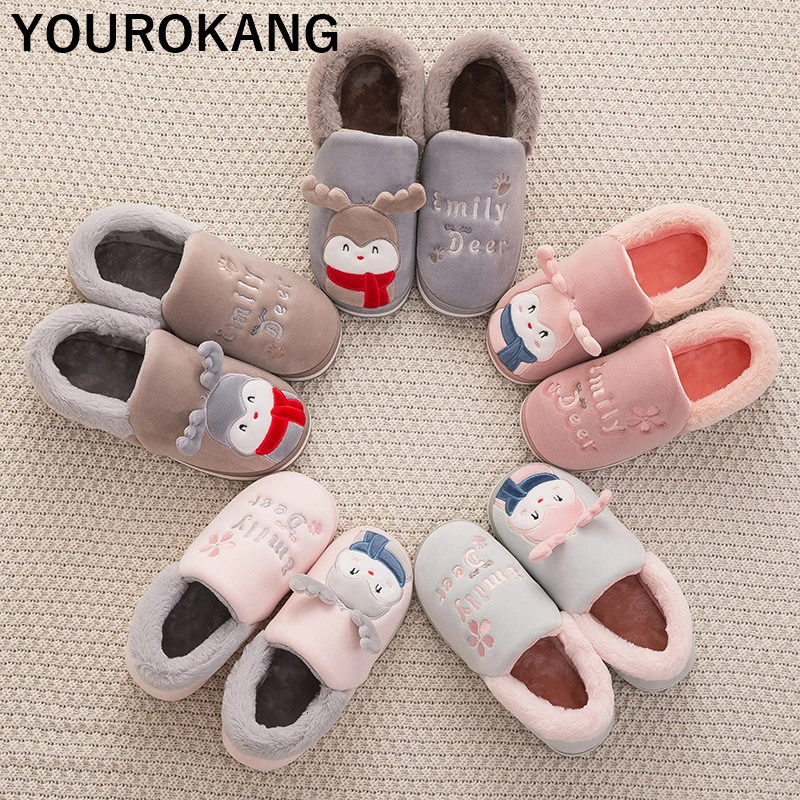 Winter Women Shoes Home Slippers Warm Female Cartoon Deer Cute Plush Slippers Furry Thick Bottom Non-slip Couple Footwear Lovely