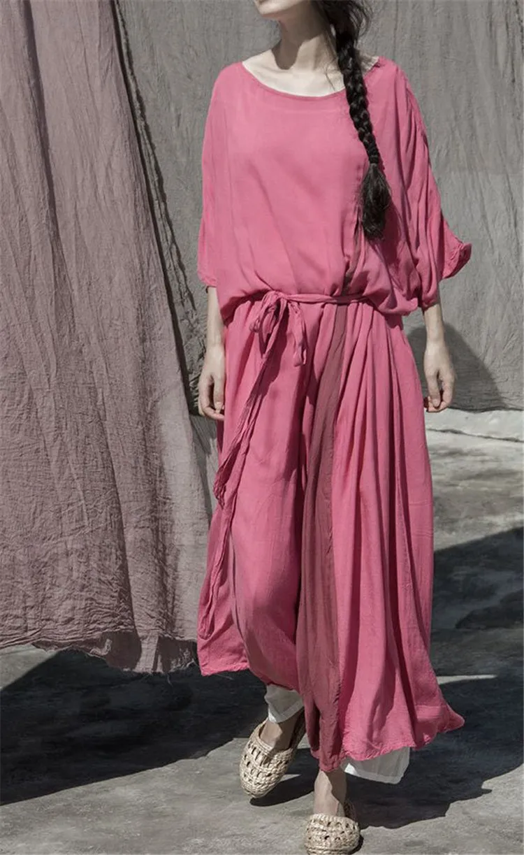 

Original forest women's color matching robe light and smooth peach red large loose and fat mm contrast lace up dress