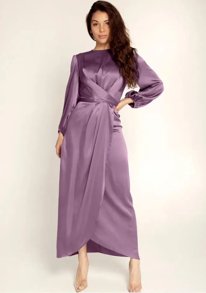 Женское атласное платье с длинным рукавом Abaya однотонное макси запахом спереди в