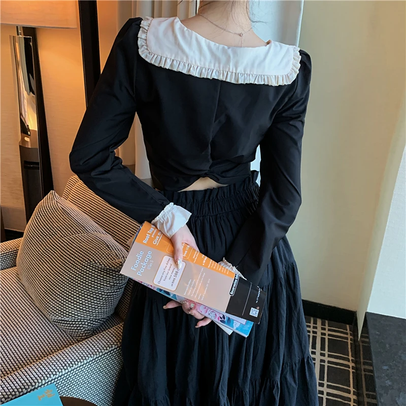 

Two Pieces Court Retro Black Outfits Dress Suits Harajuku Lolita Sweet Skirt Sets 2PC Peter Pan Collar Shirts&A Line Skirt Suits