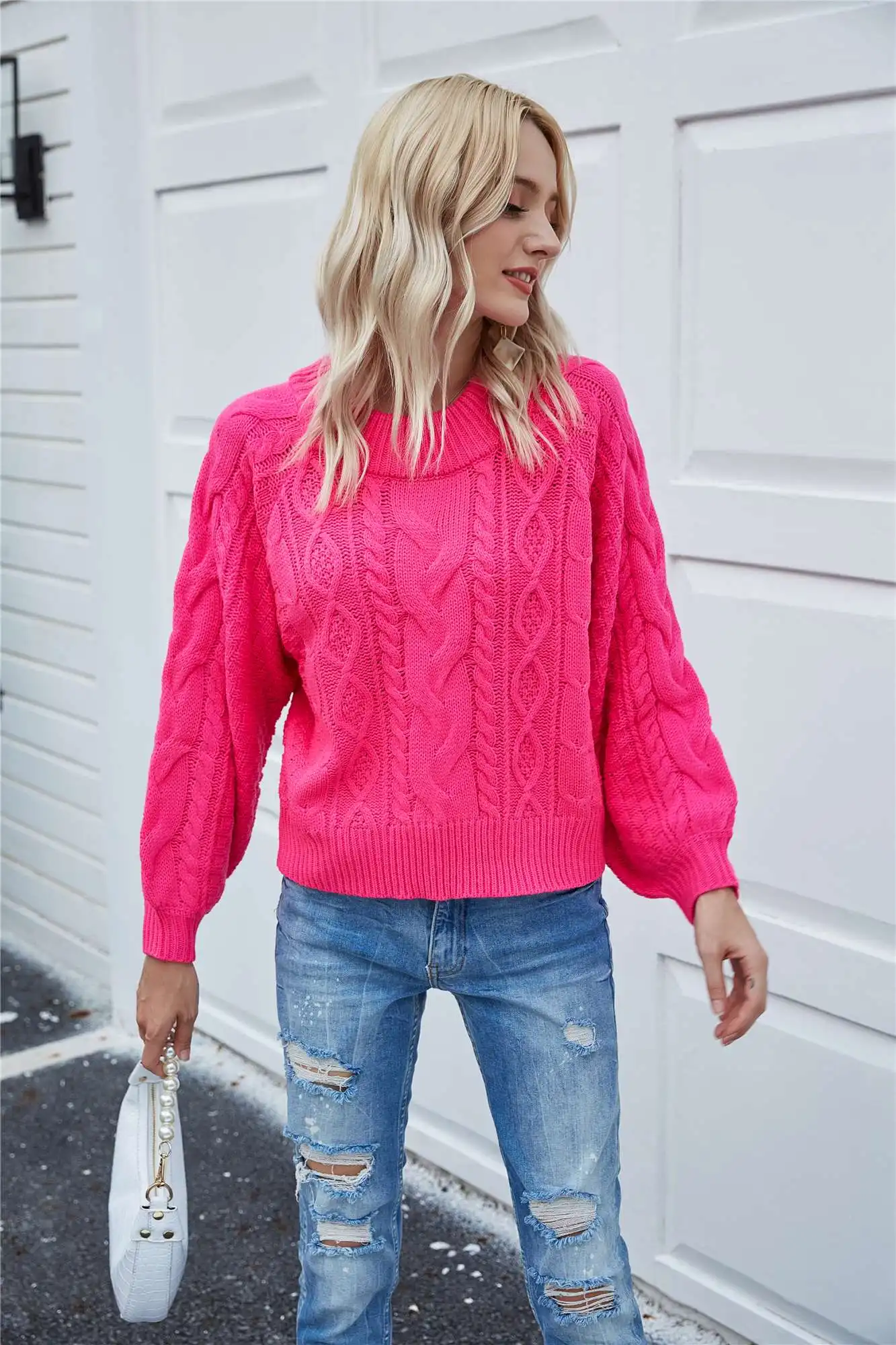 

2020 Fashion Women Stylish Long Sleeve Solid Color Top Round Neck Pullover Top Knitwear for Ladies