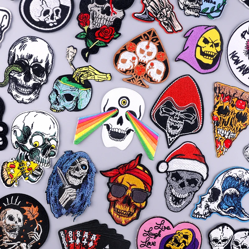 

Punk Skull Iron On Patches On Clothes Stripe Badge Thermoadhesive Patch For Clothes Grim Reaper Embroidery Patches For Clothing