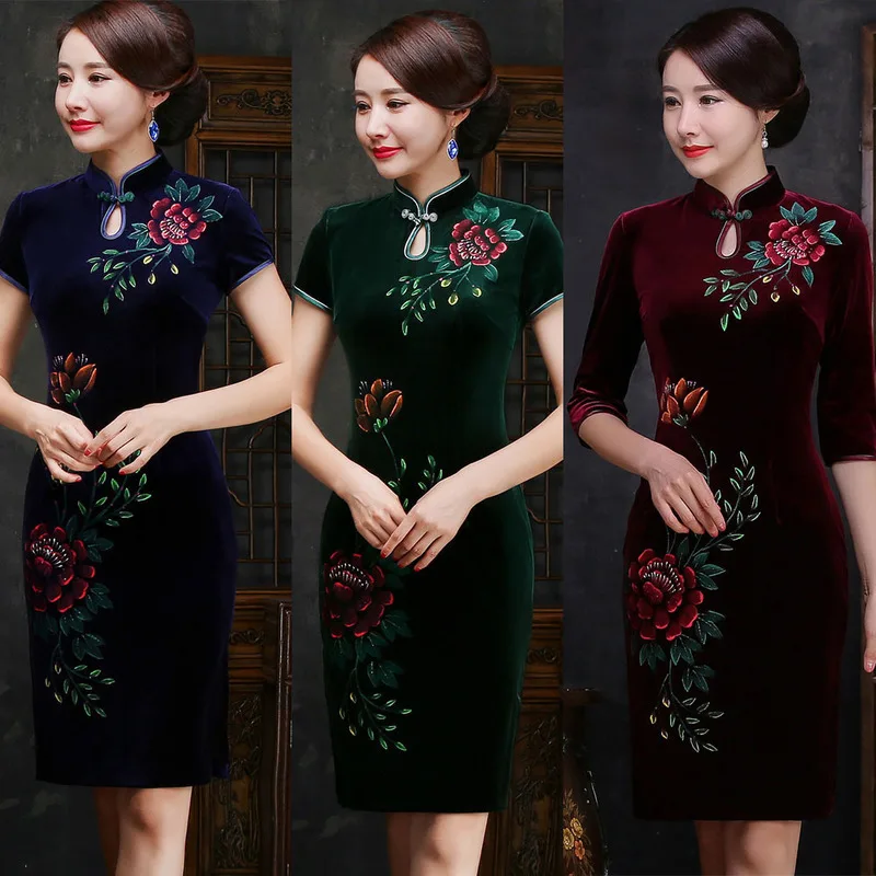 2020 Топ моды лук Quinceanera Новый корейский бархат Cheongsam платье ручной росписью осенью
