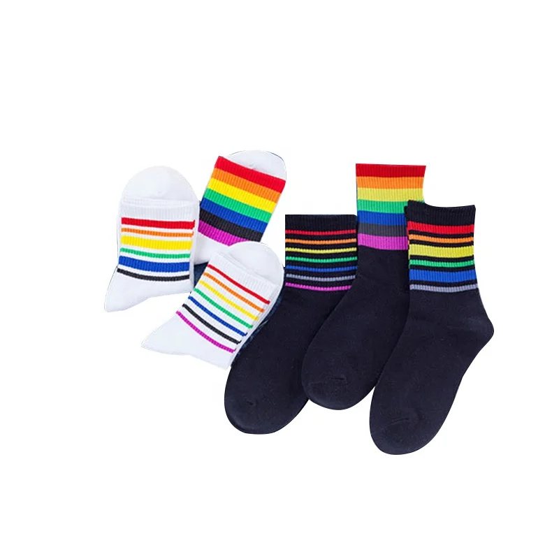 

Autumn and Winter Korean Cute Funny Rainbow Striped Socks White Black Woman Cotton Sock