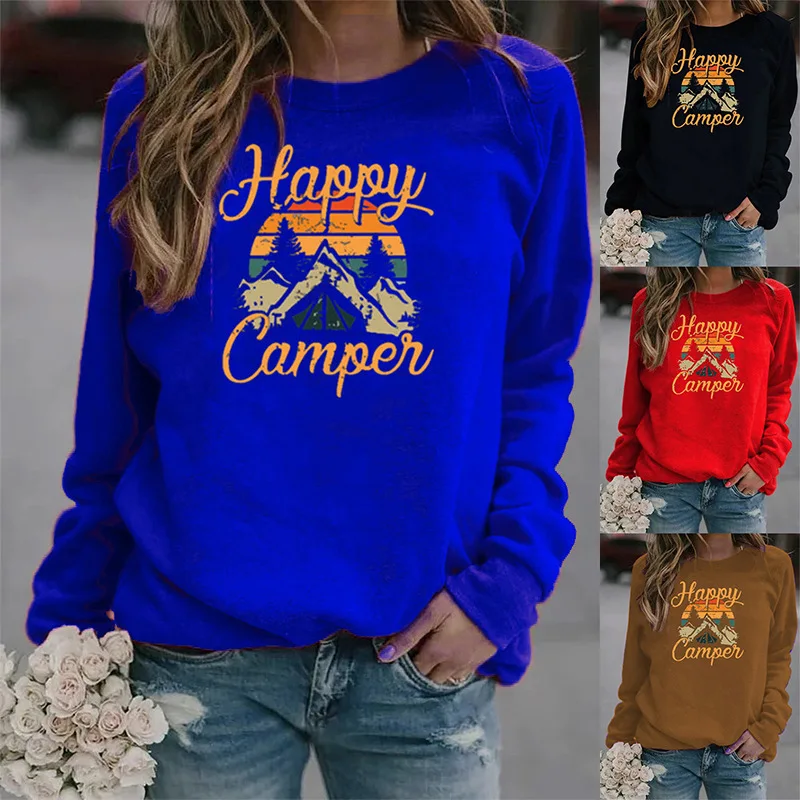

Women Hoodie Happy Camper Printed Hoodies Women Fleece Long Sleeve O Neck Loose Sweatshirt Girls Pullovers Winter